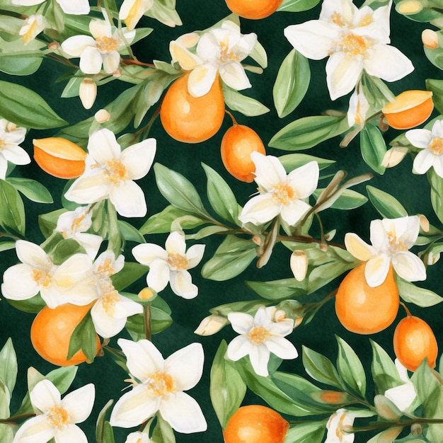 Il y a une peinture d'oranges et de fleurs sur un fond vert.