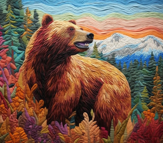 Il y a une peinture d'un ours dans un champ de fleurs générative ai