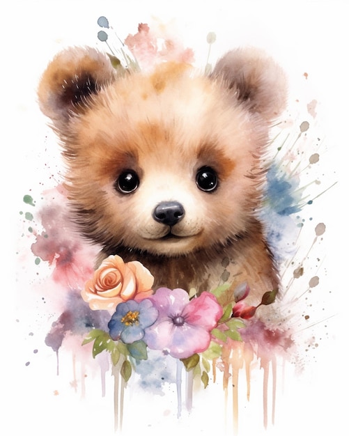 Il y a une peinture d'un ours avec des fleurs dessus ai générative