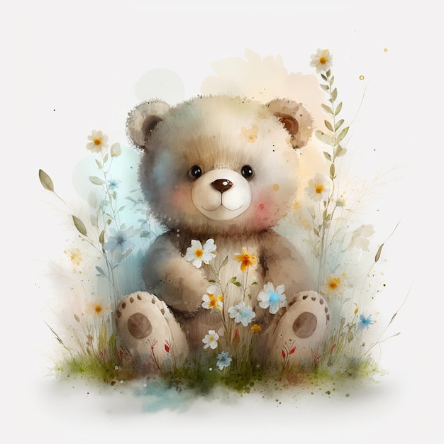 Il y a une peinture d'un ours en peluche assis dans l'herbe générative ai