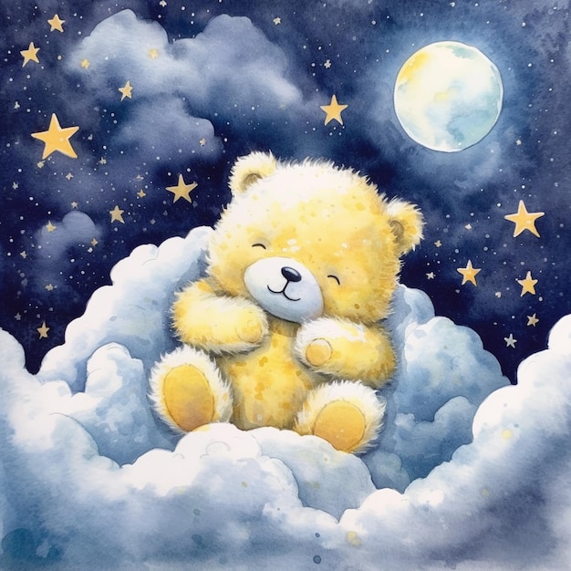 Il y a une peinture d'un ours en peluche assis sur un nuage ai génératif