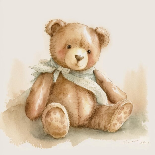 Il y a une peinture d'un ours en peluche avec une écharpe blanche.