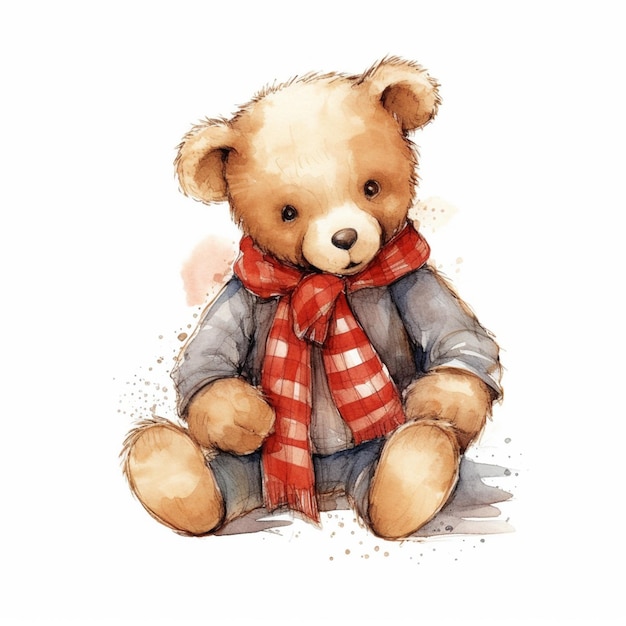 Il y a une peinture d'un ours en peluche portant un foulard générative ai