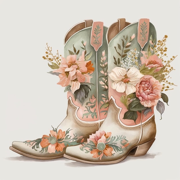 Il y a une peinture d'une paire de bottes avec des fleurs sur elles.