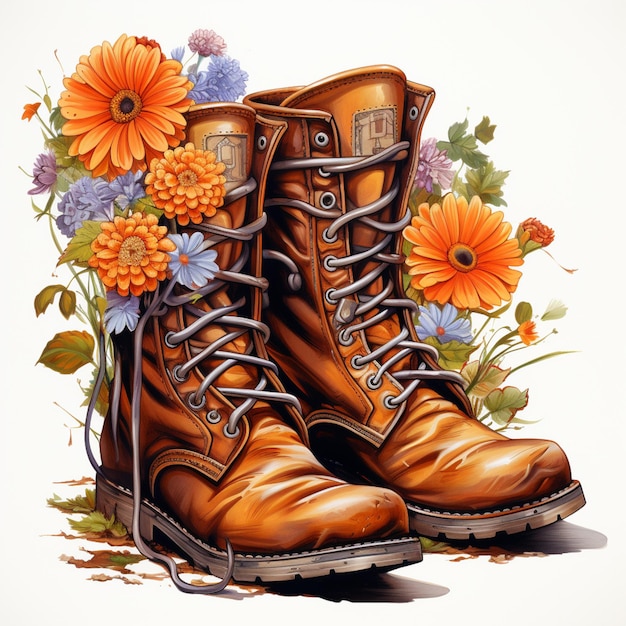 Il y a une peinture d'une paire de bottes avec des fleurs.