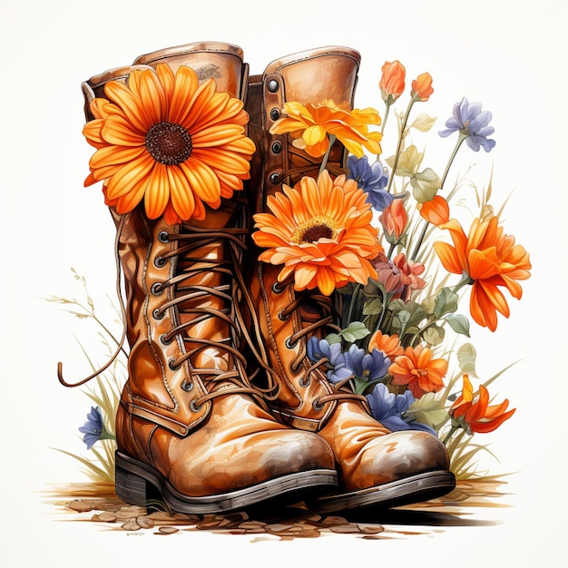 Il y a une peinture d'une paire de bottes avec des fleurs.