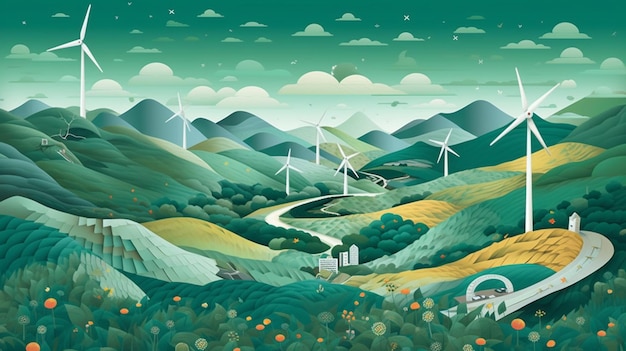 il y a une peinture d'un paysage rural avec des éoliennes génératives ai