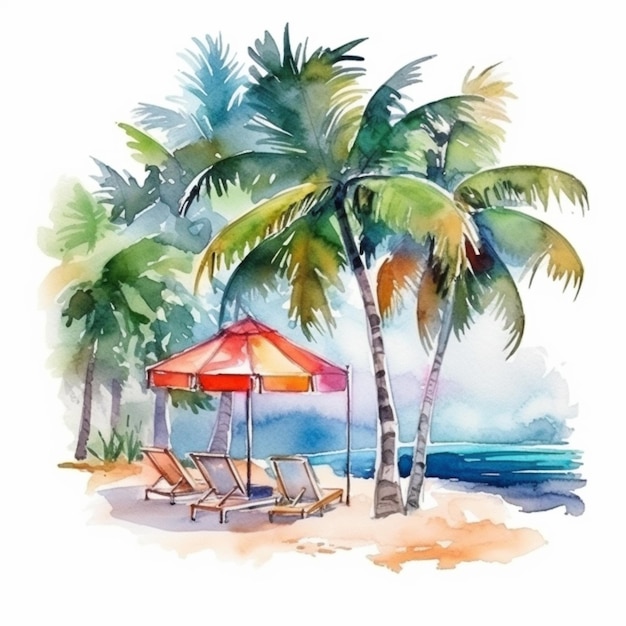 Il y a une peinture d'une plage avec des palmiers et des chaises générative ai