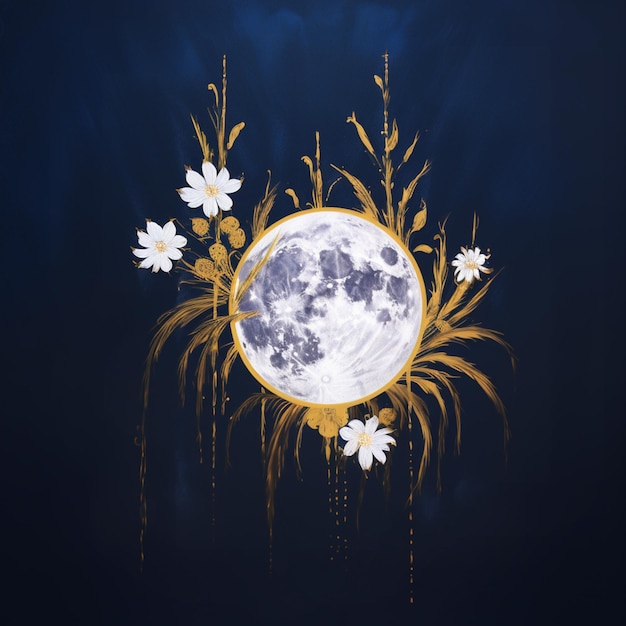 Photo il y a une peinture d'une pleine lune avec des fleurs dessus.