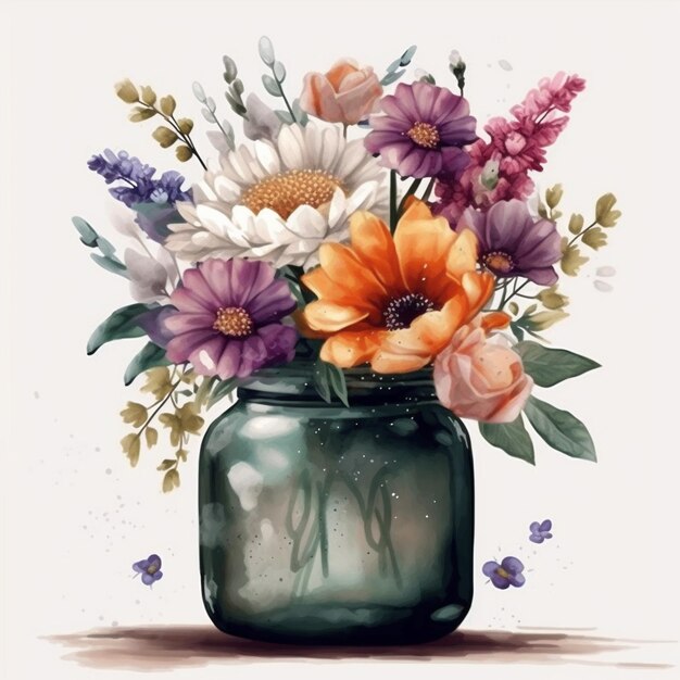 Il y a une peinture d'un pot avec des fleurs dedans.