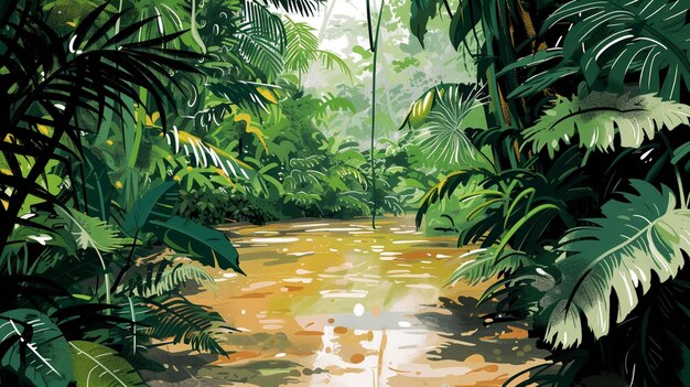 Il y a une peinture d'une rivière au milieu d'une jungle générative ai