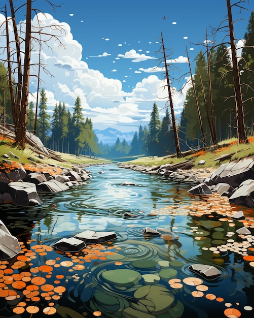 Il y a une peinture d'une rivière avec des rochers et des arbres génératifs ai