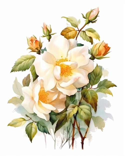 Il y a une peinture d'une rose blanche avec des feuilles vertes générative ai