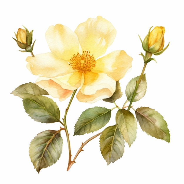 Il y a une peinture d'une rose jaune avec des feuilles vertes ai générative