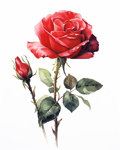 Il y a une peinture d'une rose avec une tige et des feuilles génératives ai