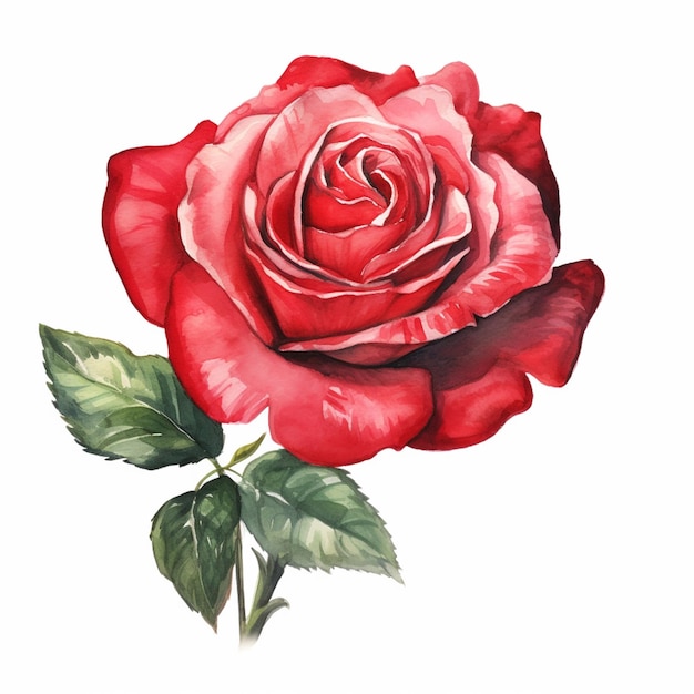 Il y a une peinture d'une rose avec une tige et des feuilles génératives ai