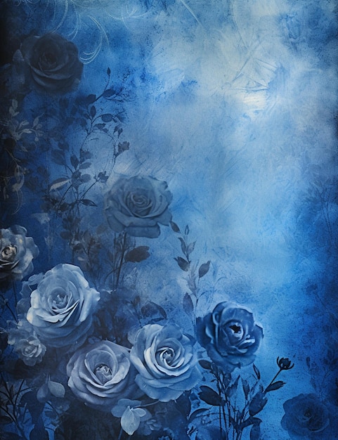 Il y a une peinture de roses bleues sur un fond bleu.