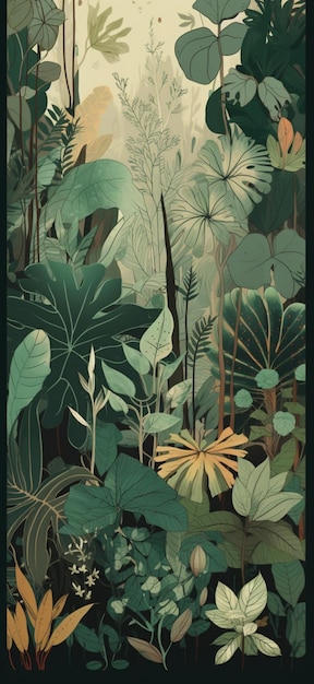 Il y a une peinture d'une scène de jungle avec beaucoup de plantes génératives ai