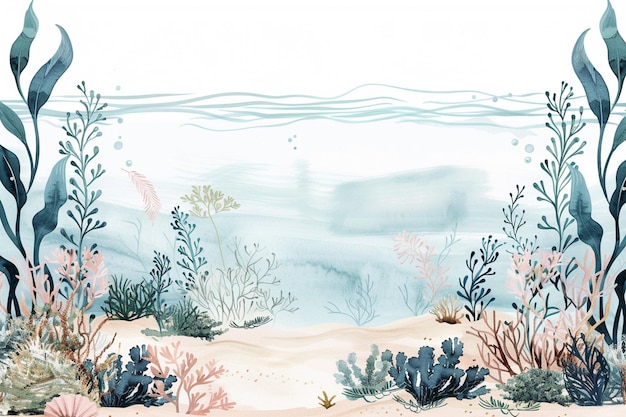 Il y a une peinture d'une scène maritime avec des plantes et du sable génératif ai