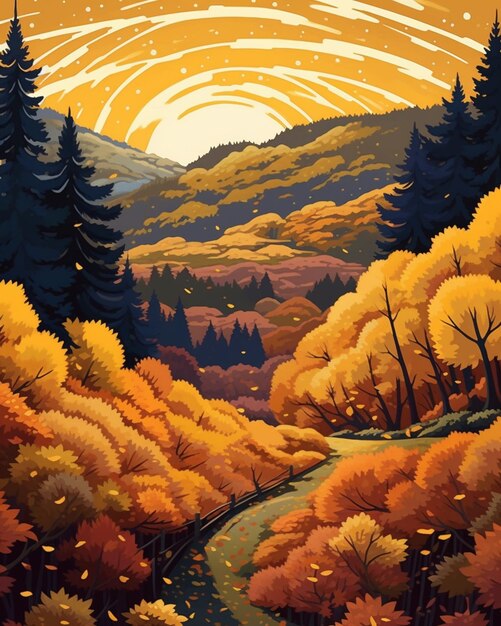 Il y a une peinture d'une scène de montagne avec des arbres et une route générative ai
