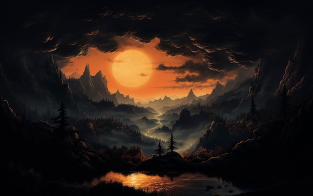 Il y a une peinture d'une scène de montagne avec une rivière ai générative