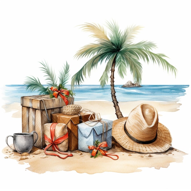 Photo il y a une peinture d'une scène de plage avec un palmier et des cadeaux génératifs ai