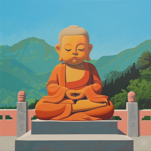 Il y a une peinture d'une statue de Bouddha assise sur une plate-forme générative ai