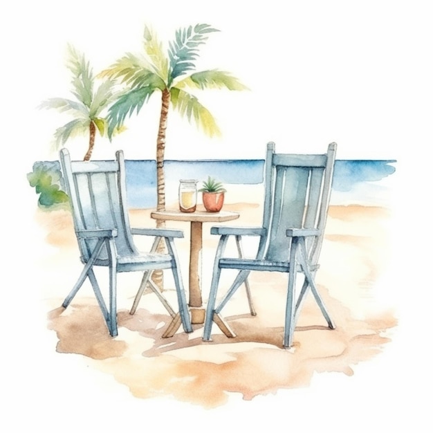 Il y a une peinture d'une table et de chaises sur la plage.