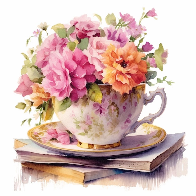 Il y a une peinture d'une tasse de thé avec des fleurs en ai générative