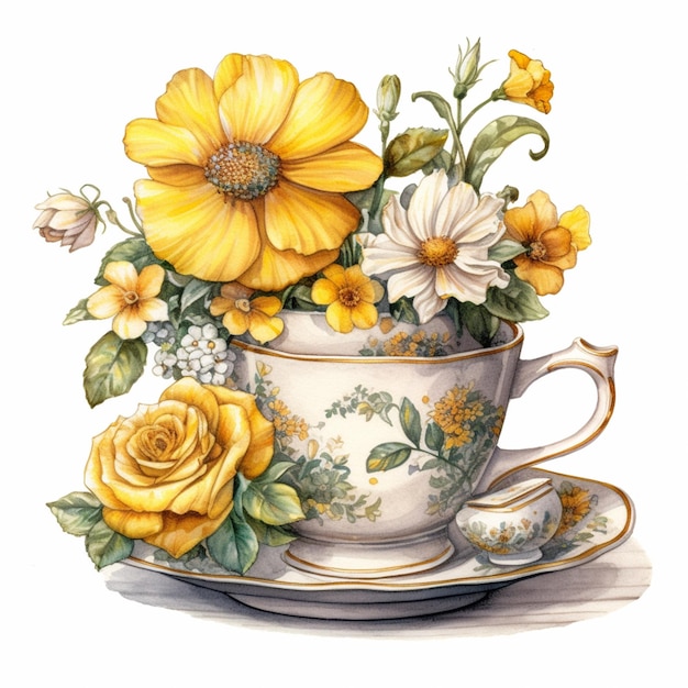 Il y a une peinture d'une tasse de thé avec des fleurs en ai générative