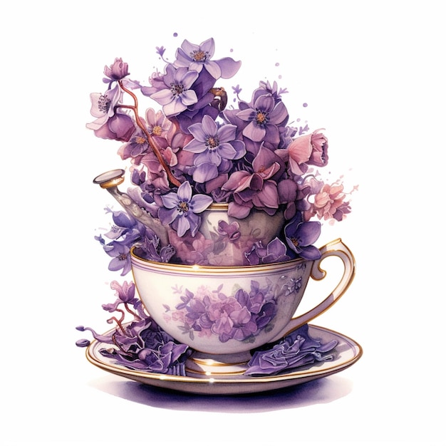 Il y a une peinture d'une tasse de thé avec des fleurs en ai générative