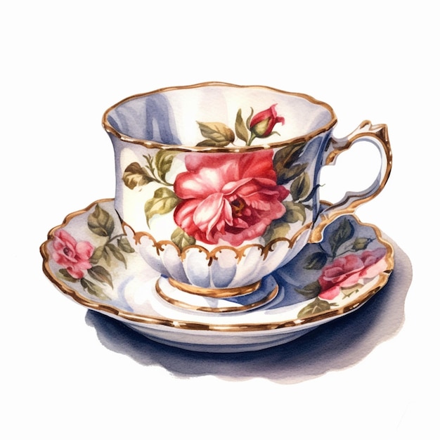 Il y a une peinture d'une tasse de thé et d'une soucoupe générative.