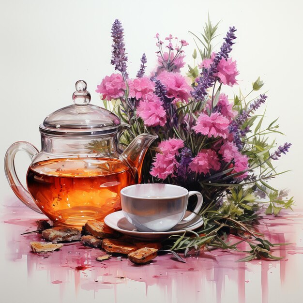 il y a une peinture d'une théière et d'une tasse avec des fleurs ai génératif