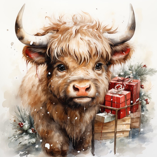 il y a une peinture d'une vache avec un chariot de cadeaux ai génératif