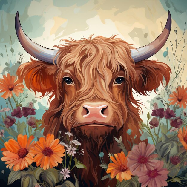 il y a une peinture d'une vache avec des cornes et des fleurs ai générative