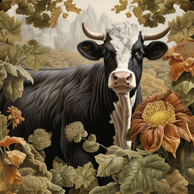 Il y a une peinture d'une vache dans un champ de fleurs.