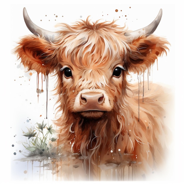 il y a une peinture d'une vache avec de longues cornes et une fleur ai générative