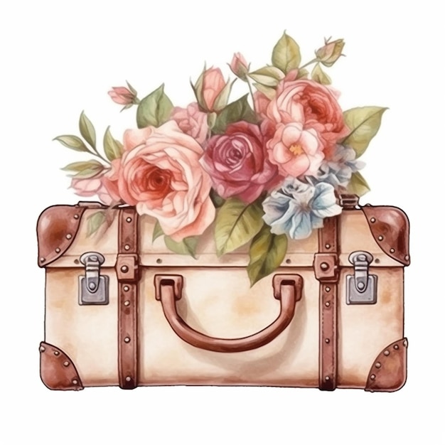 Il y a une peinture d'une valise avec des fleurs dessus.