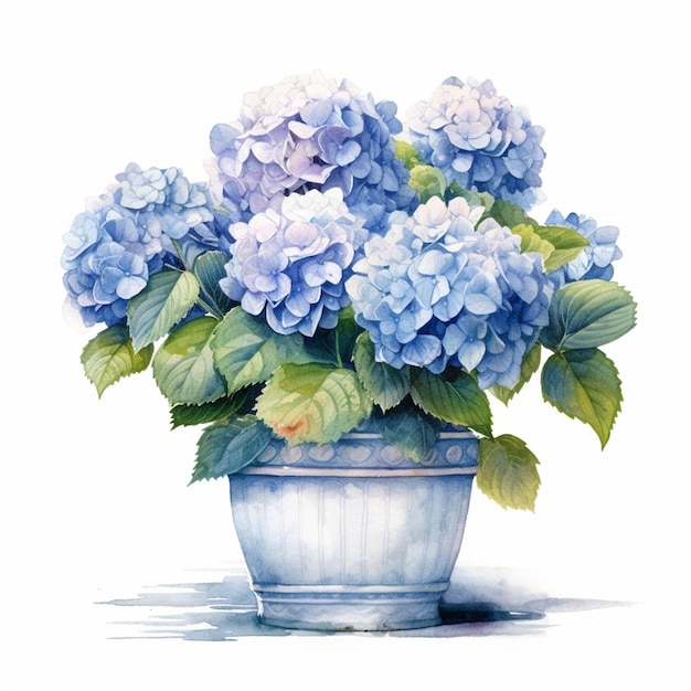 Photo il y a une peinture d'un vase bleu avec des fleurs bleues générative ai