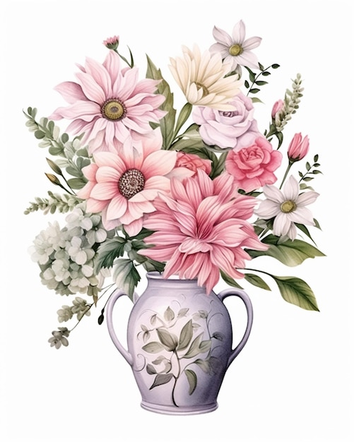 Il y a une peinture d'un vase avec des fleurs dedans.