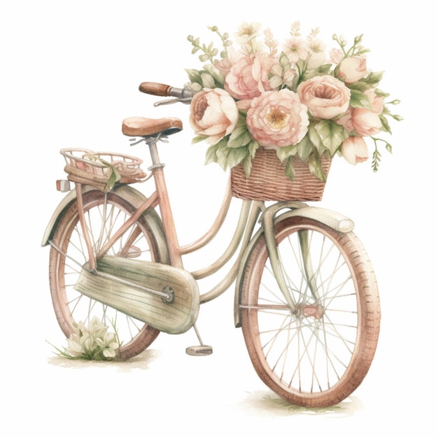 Il y a une peinture d'un vélo avec un panier de fleurs sur le dos.