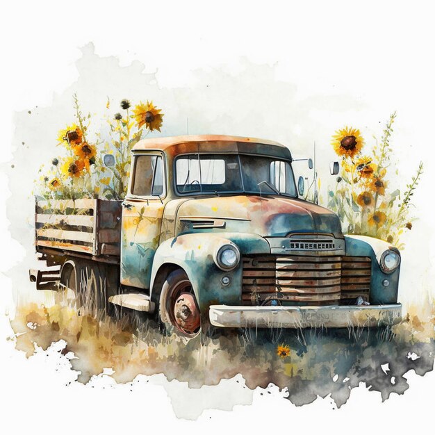 Il y a une peinture d'un vieux camion avec des tournesols à l'arrière de l'ai générative