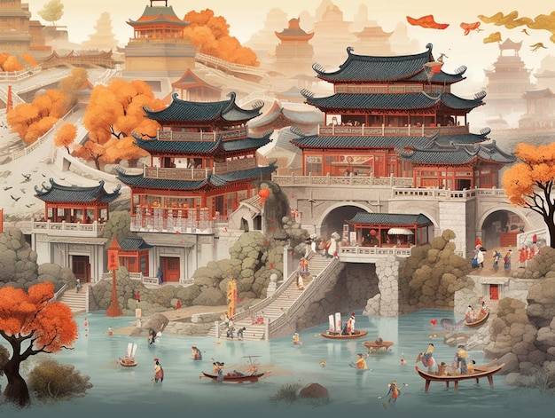 il y a une peinture d'un village chinois avec une rivière et un pont ai génératif