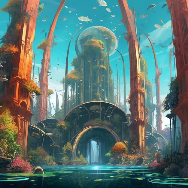 il y a une peinture d'une ville futuriste avec une cascade IA générative