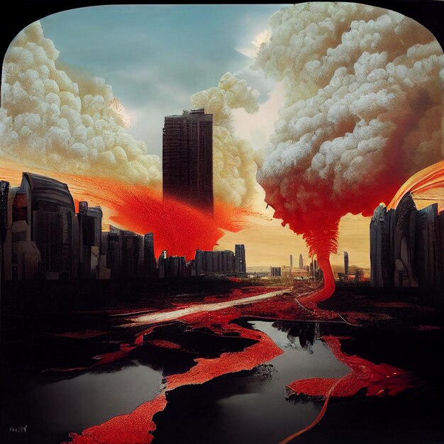 Il y a une peinture d'une ville avec un nuage rouge génératif ai