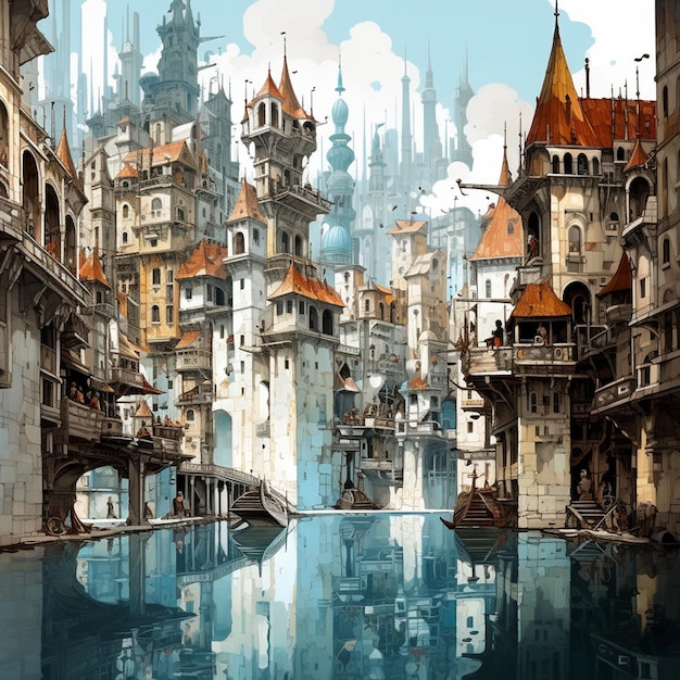 Il y a une peinture d'une ville avec une rivière et un pont.
