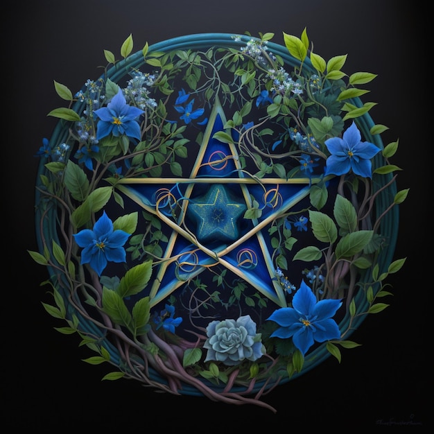 Il y a un pentagramme bleu entouré de fleurs bleues et de feuilles génératives ai