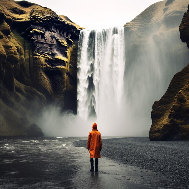 Il y a une personne debout devant une cascade dans la pluie générative ai