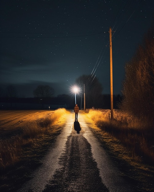 il y a une personne qui marche dans une route la nuit avec un chien ai génératif