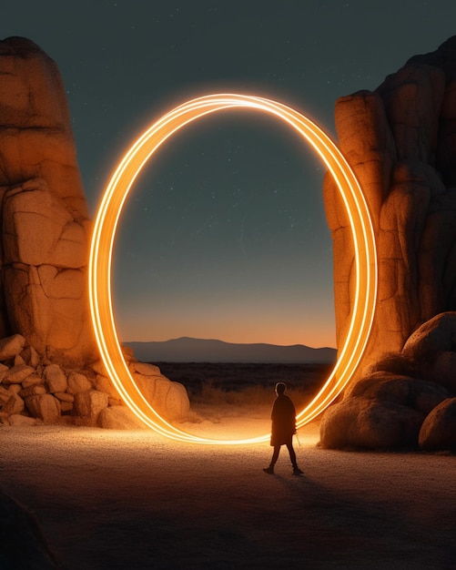 il y a une personne qui marche à travers un cercle de lumière dans le désert ai génératif